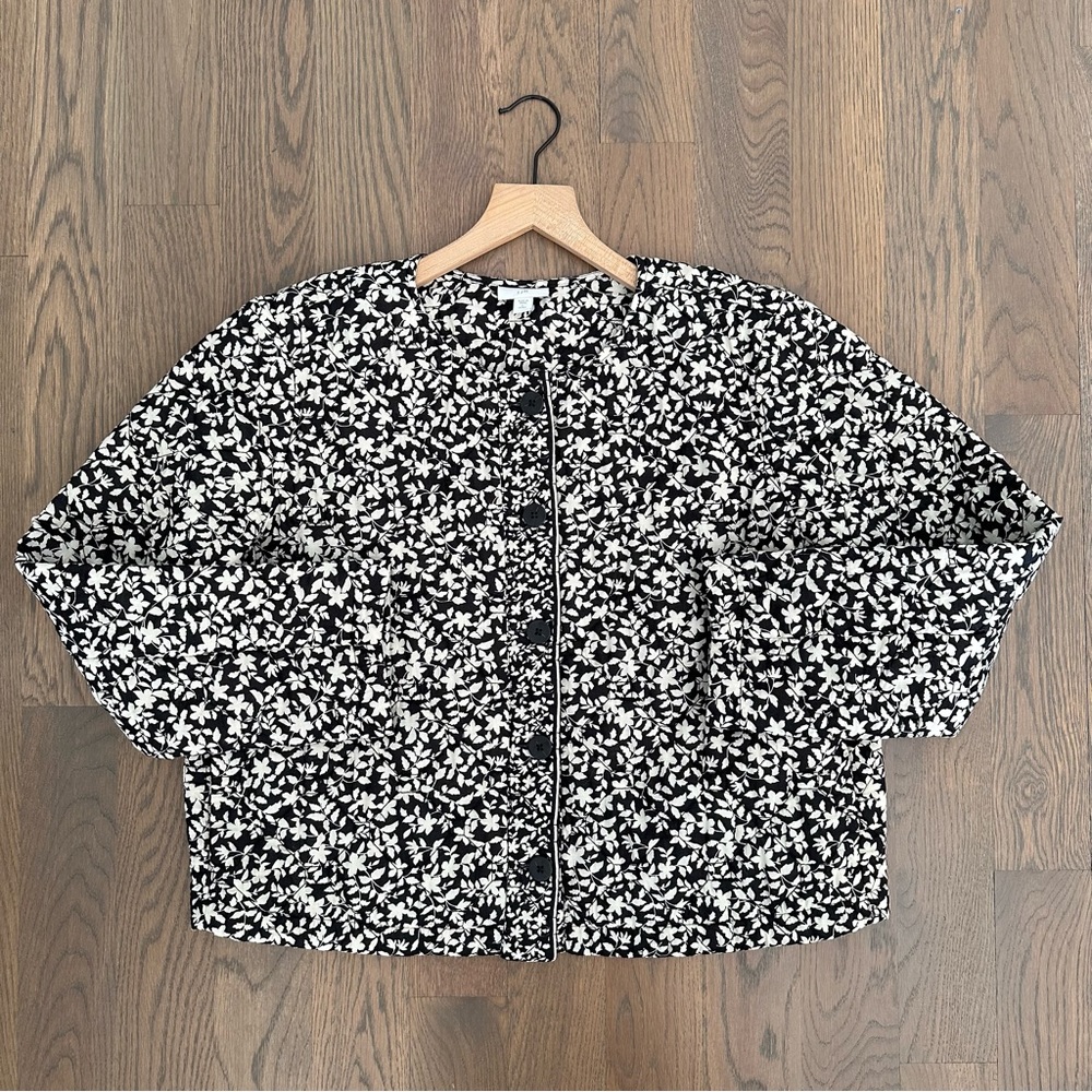 J. Jill Quilted Cotton Oversize Floral Print Jacket Black & Cream Petite Large